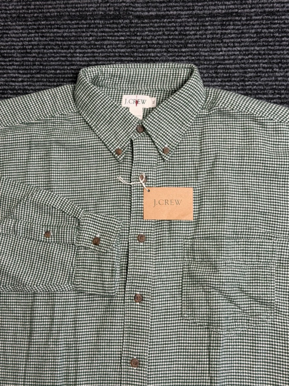 Vintage J Crew Shirt Men XL Green Oarsman Houndstooth Plaid Flannel Button Down
